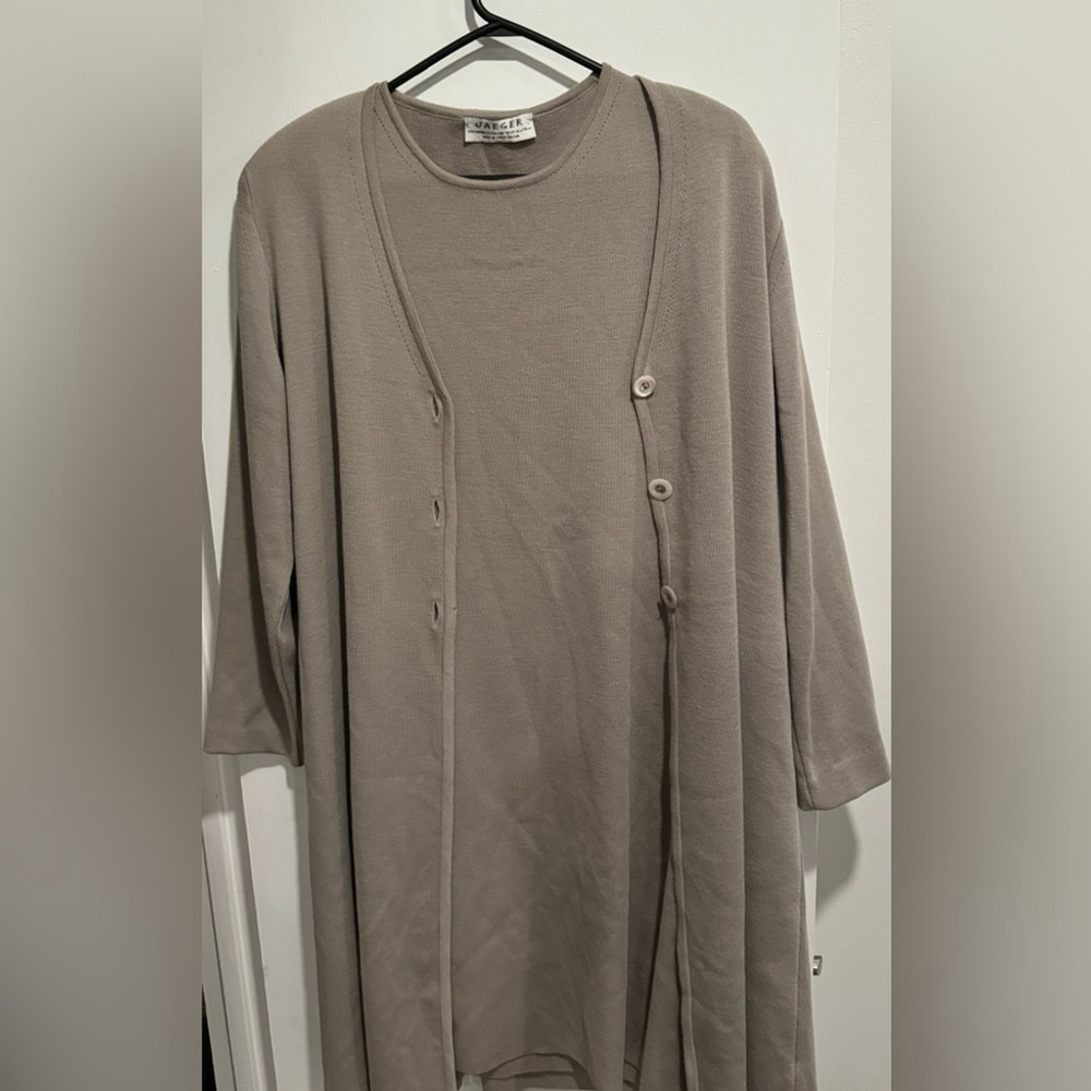JAEGER Merino Wool Long line Buttoned Cardigan and dress set gray pewter USM/L